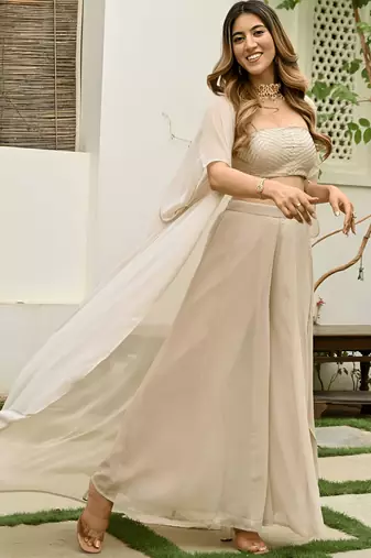 Beige georgette embroidered top with plazzo and jacket set