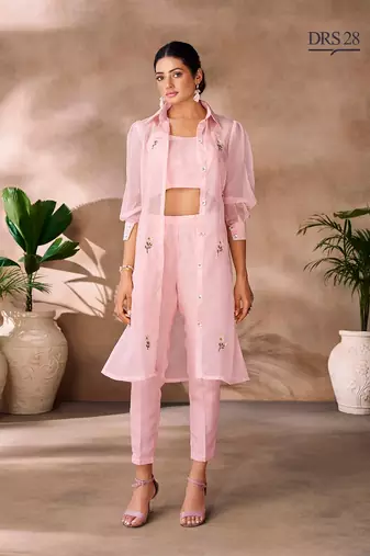 Light pink organza embroidered top with pant and jacket