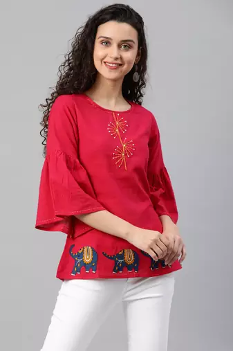 Women'S Pink Cotton Slub Patch Work Regular Top