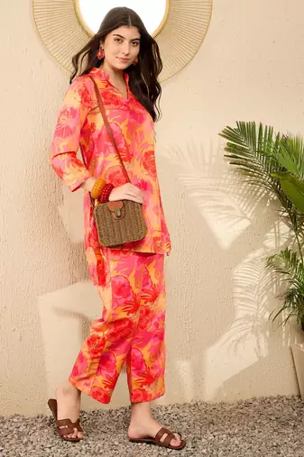 women yellow rayon blend floral printed tunic with palazzo coord sets