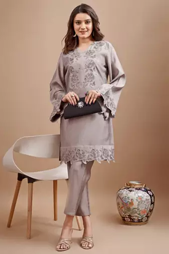 Grey silk blend embroidered co ord set